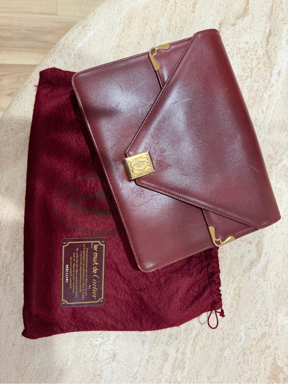 Vintage Cartier Leather Envelope Clutch with Gold Accent